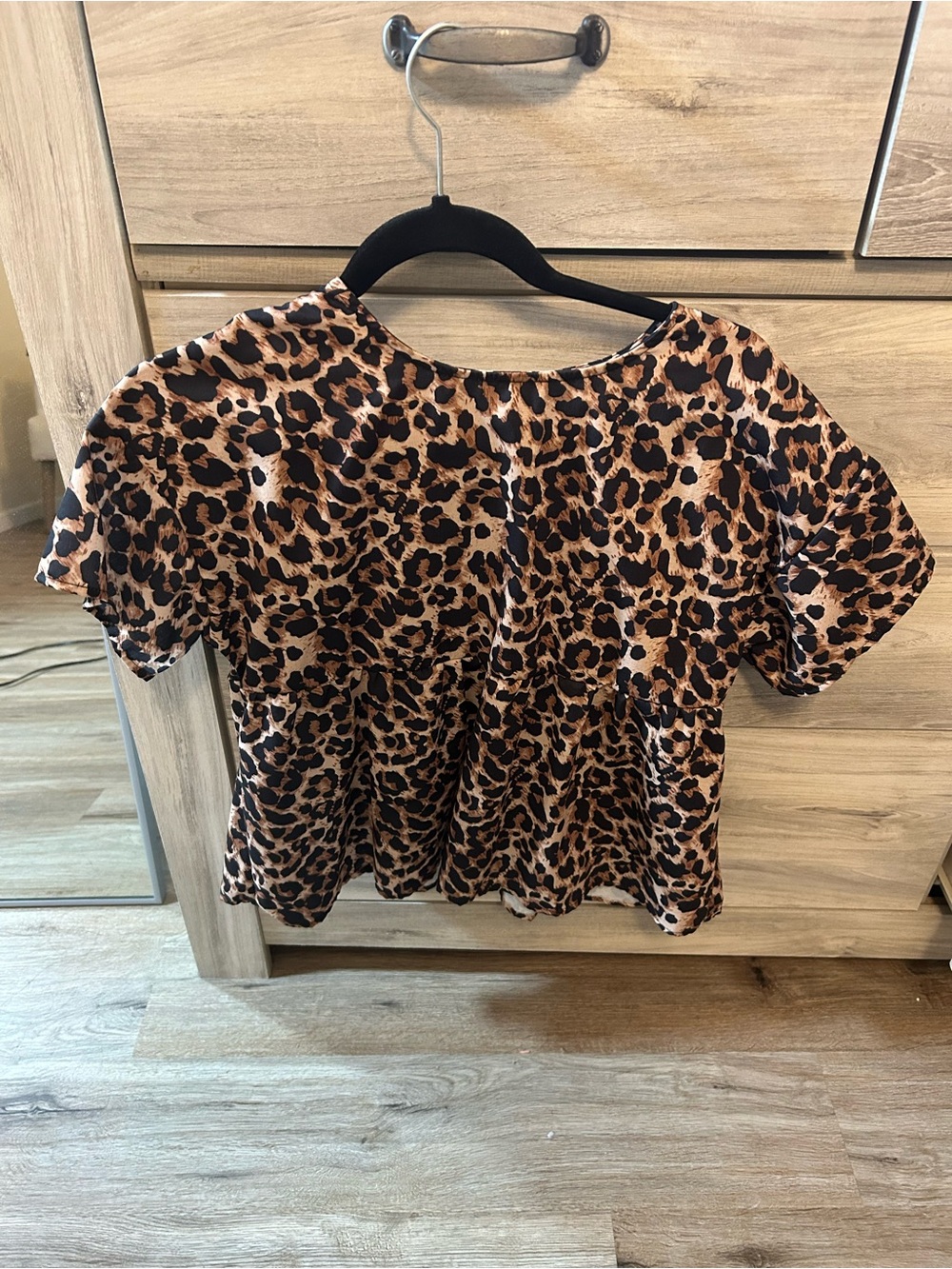 SHEIN Leopard Print Short Sleeve Peplum Top - Brown/Black